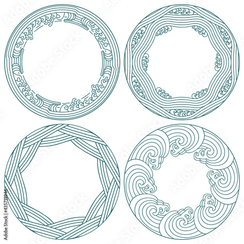 Sea ocean waves and ornaments in the form of a ring. Vintage style for Chinese painting on porcelain.