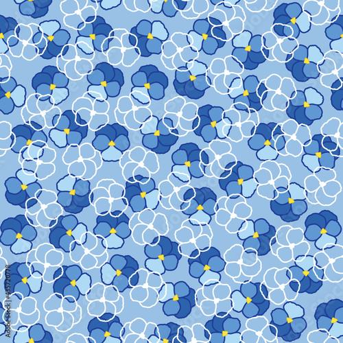 Seamless floral pattern with blue and white viola pansy flowers.
