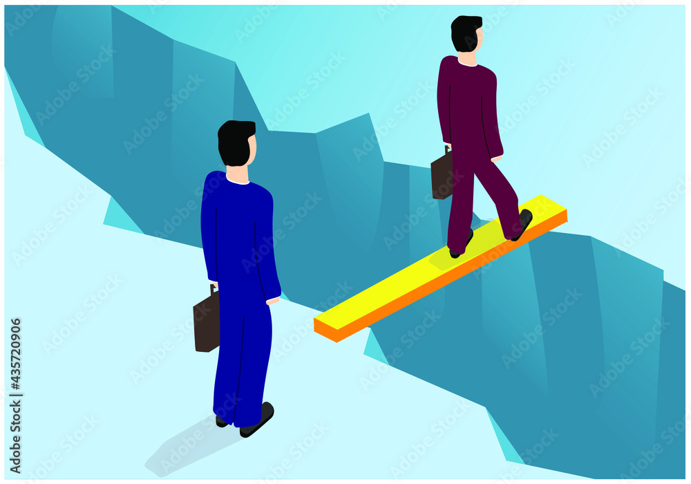Vector image of two people crossing an ice floe break on a board. Transfer, transfer to another employer for employment. Achieving the goal through difficulties and obstacles Vector image of two people crossing an ice floe break on a board. Transfer, transfer to another employer for employment. Achieving the goal through difficulties and obstacles