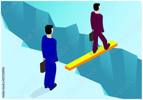 Vector image of two people crossing an ice floe break on a board. Transfer, transfer to another employer for employment. Achieving the goal through difficulties and obstacles
