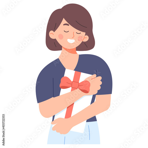 Woman give self reward to her self holding gift smile happy.