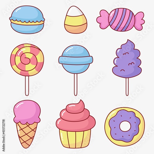 kawaii cute pastel set of candy sweets desserts with different types isolated on white background for cafe or restaurant. illustration vector.