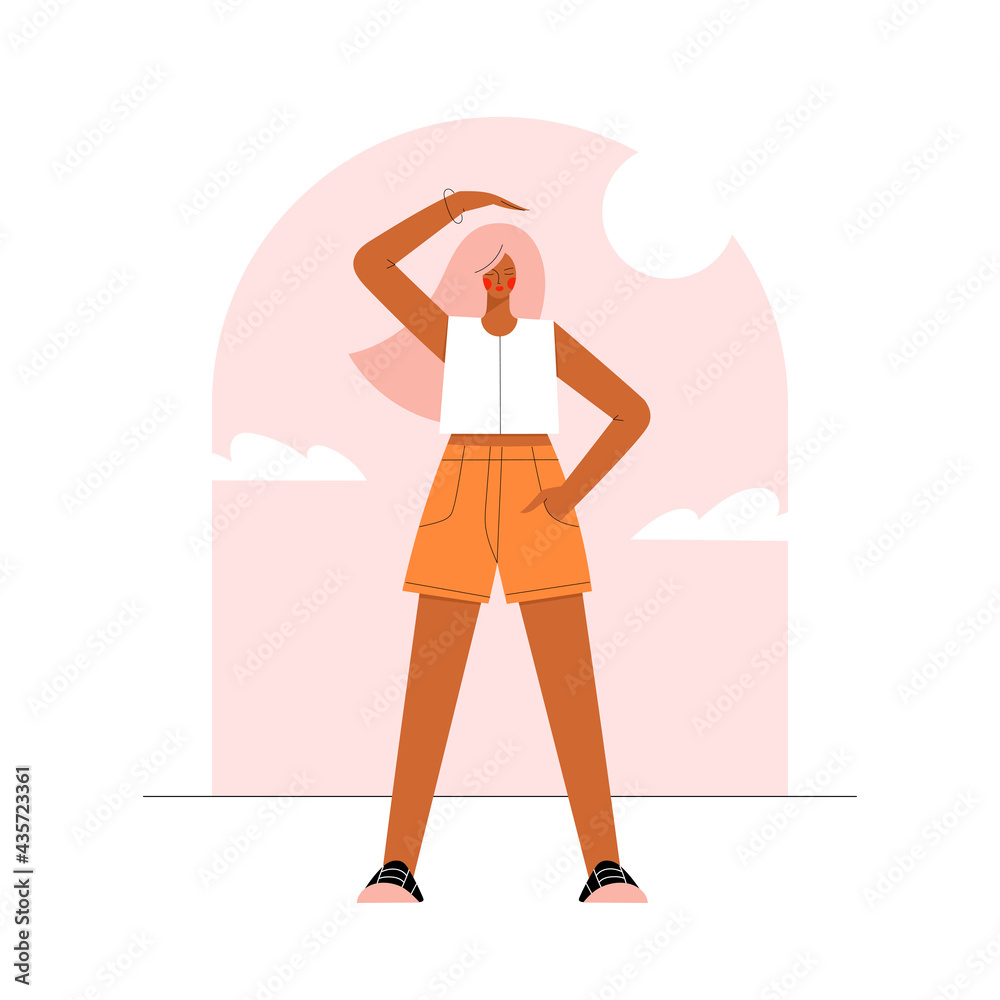 Young modern woman figure wearing trendy outfit standing by the window. Summer vacation concept. Hand drawn girl character colorful vector illustration. Young modern woman figure wearing trendy outfit standing by the window. Summer vacation concept. Hand drawn girl character colorful vector illustration.