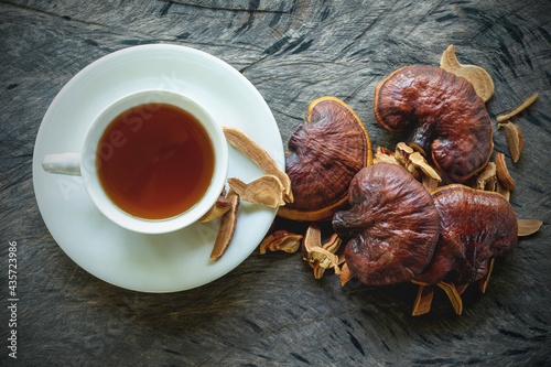 Cup of reishi tea and fresh Lingzhi mushroom with slice on dark wooden floor. (Ganoderma Lucidum). Chinese traditional medicine and nutritive value.