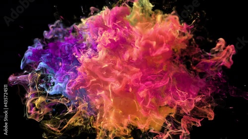 Color Burst - vivid colorful multicoloured pink, orange, purple, blue ink ring explosion. Fluid particles slow motion alpha matte isolated on black