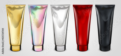 Set of Packing metallic 3d realistic Tubes for Cosmetics Isolated On Light Background. Here Can Be Creams, Toothpaste, Gel, Sauce, Paint, Glue, Lotions, Medicines. Use Mockup for Your Design