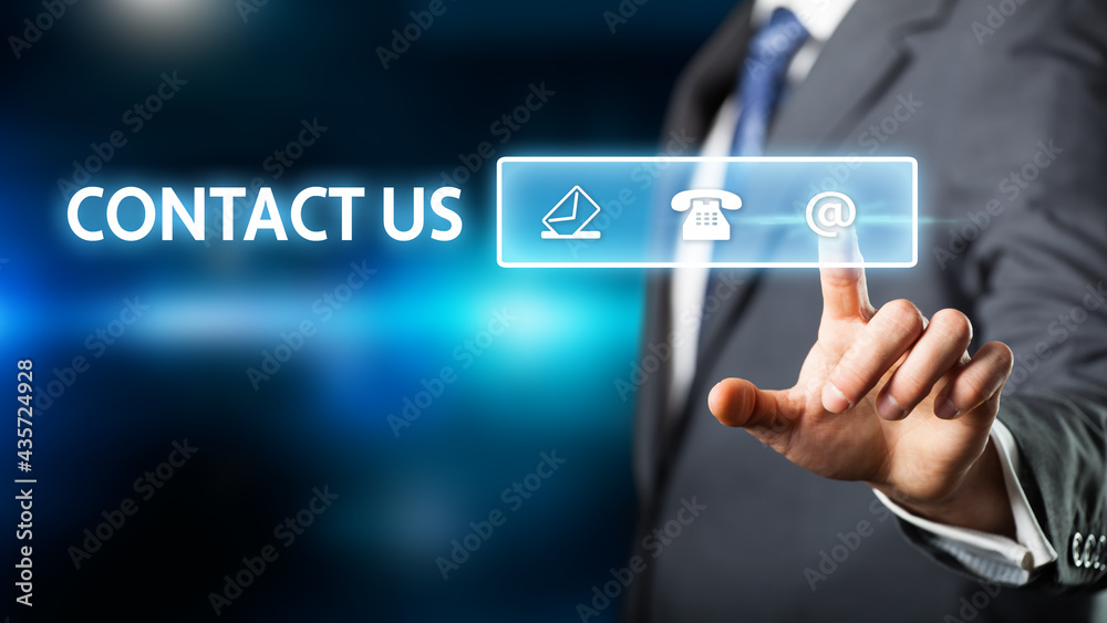 message CONTACT US and businessman selecting a contact option on abstract blue background message CONTACT US and businessman selecting a contact option on abstract blue background