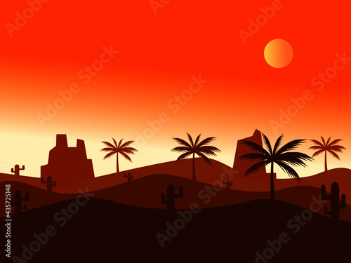 desert landscape silhouette illustration background with date palms and cacti on full moon night