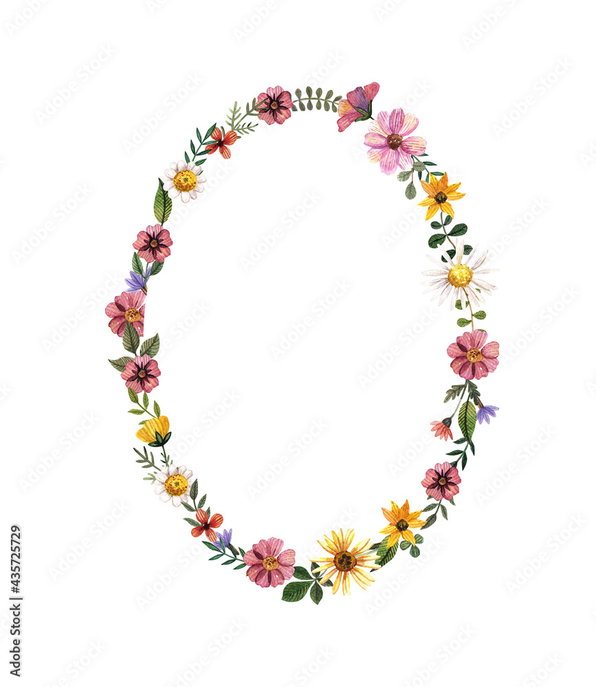 Gold frame with watercolor pressed and dried flower on white background Gold frame with watercolor pressed and dried flower on white background