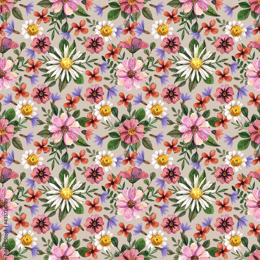 Delicate pressed floral watercolor seamless patterns and dried flower arrangements are placed on natural backgrounds