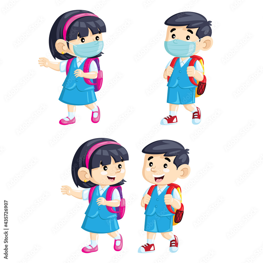Illustration of cute cartoon children going to school wearing masks. Illustration of cute cartoon children going to school wearing masks.