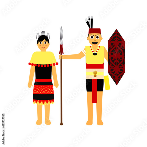 A vector of Sarawak men and women wearing traditional cloth with blow pipe and terabai on white background. Can be seen in some part of Sarawak and other Borneo Island. photo