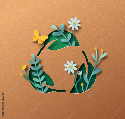 Biodegradable green leaf icon paper cut concept