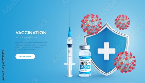 Vaccination concept. Immunization campaign. Vaccine shot. Health care and protection. Syringe with a vaccine bottle protection shield and virus cells. Medical treatment. Realistic vector illustration.
