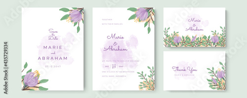 Gold Wedding Invitation, save the date, thank you, rsvp card Design template. Vector. winter flower, Rose, silver dollar, olive leaves, Wax flower, Anemone.