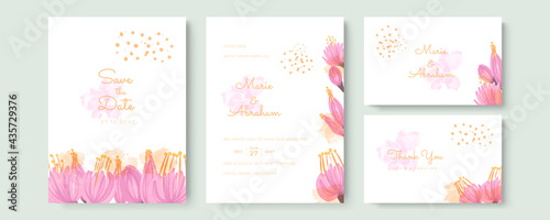 Gold Wedding Invitation, save the date, thank you, rsvp card Design template. Vector. winter flower, Rose, silver dollar, olive leaves, Wax flower, Anemone.