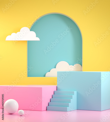 Minimal Summer Colorful Display Mockup, Step Double Podium For Show Product, 3d Render