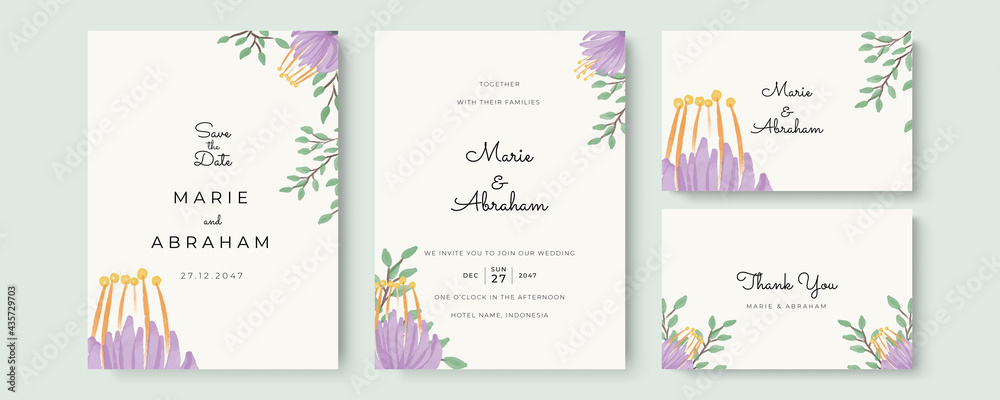 Floral wedding invitation card template design, Purple yellow green flowers with ampersand lettering on white, pastel vintage theme