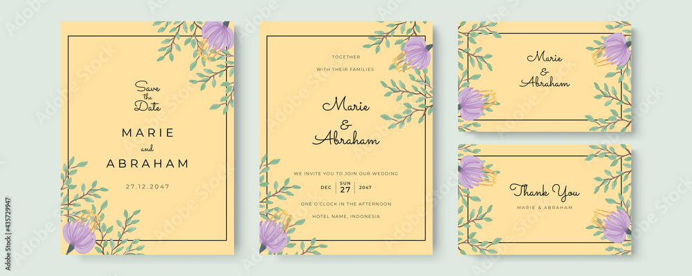 Wedding invitation set with green foliage branches watercolor. Wedding floral golden invitation card save the date design with pink flowers Wedding invitation set with green foliage branches watercolor. Wedding floral golden invitation card save the date design with pink flowers