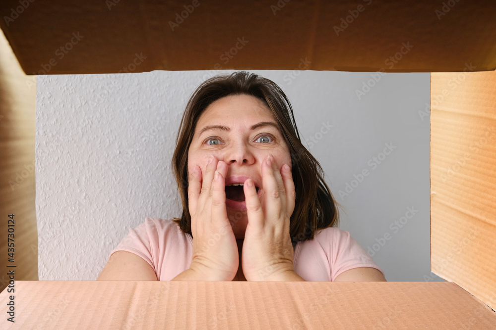 woman opened a cardboard box with an ordered product and emotionally reacts to its contents, the concept of a postal item, a package, buying goods online, surprises woman opened a cardboard box with an ordered product and emotionally reacts to its contents, the concept of a postal item, a package, buying goods online, surprises