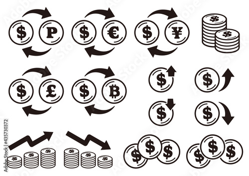 ドルマークの入ったコインのアイコンセット　黒 ライン