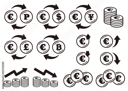 ユーロ記号の入ったコインのアイコンセット　黒 ライン