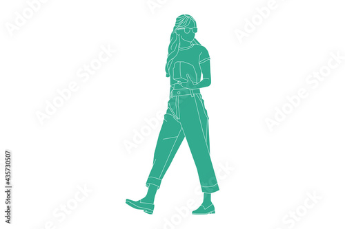 Vector illustration of casual woman walking on the sideroad  Flat style with outline