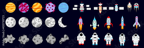 Set of elements on the space theme. Set of astronauts, rockets, moons, satellites, asteroids, planets. Outer space. Vector illustration.