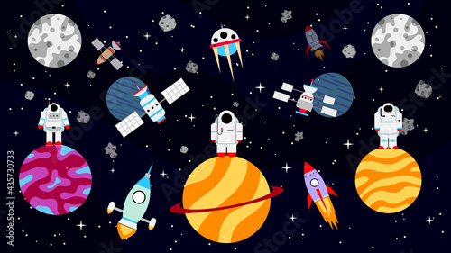 Space flat background. Outer space. Future space travel technology. Vector illustration.