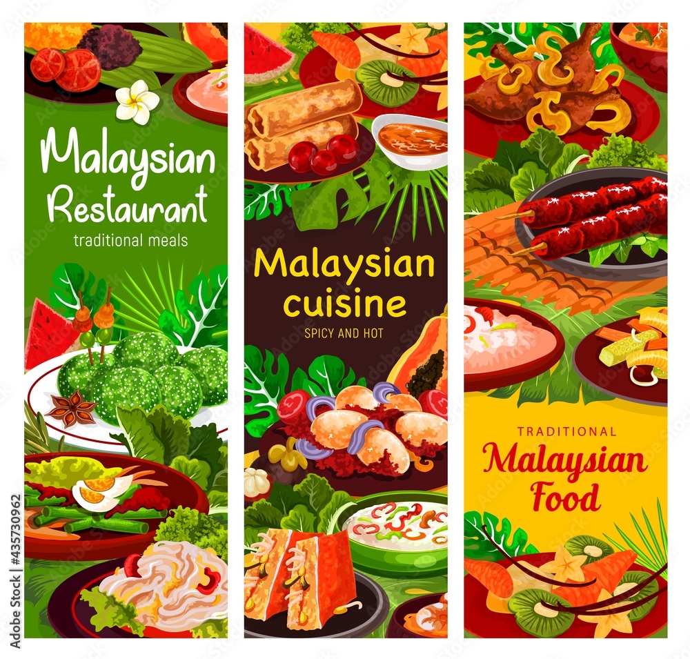 Malaysian cuisine banners of vector vegetable, meat and seafood meal with rice dessert. Shrimp spring rolls, egg curry and beef rendang, veggie salad, chicken satay, stuffed tofu and peanut sauce Malaysian cuisine banners of vector vegetable, meat and seafood meal with rice dessert. Shrimp spring rolls, egg curry and beef rendang, veggie salad, chicken satay, stuffed tofu and peanut sauce