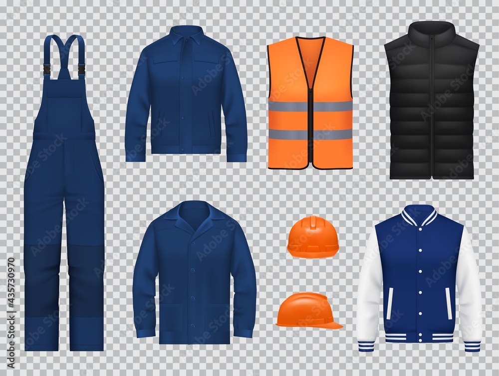 Construction workers clothing, uniform mockups. Realistic vector blue overalls pants, heated black and safety reflective vest, jacket, hard hat helmet. Engineer, mechanic or builder apparel, work wear - obrazy, fototapety, plakaty 