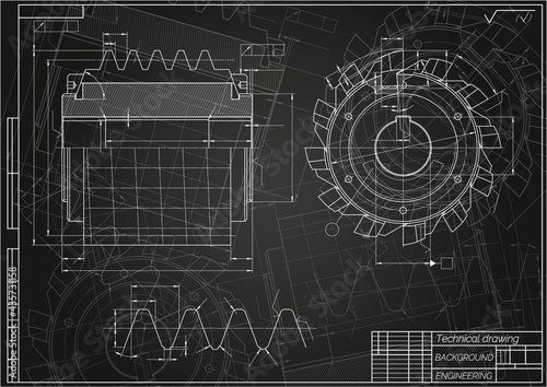 Mechanical engineering drawings on black background. Cutting tools, milling cutter. Technical Design. Cover. Blueprint. Vector illustration.