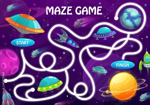 Labyrinth maze game with space planets and shuttles. Kids vector board game with rockets and alien ufo saucers in galaxy. Boardgame with tangled path, start and finish, cartoon educational child test