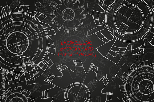 Mechanical engineering drawings on black background. Cutting tools, milling cutter. Technical Design. Cover. Blueprint. Vector illustration.