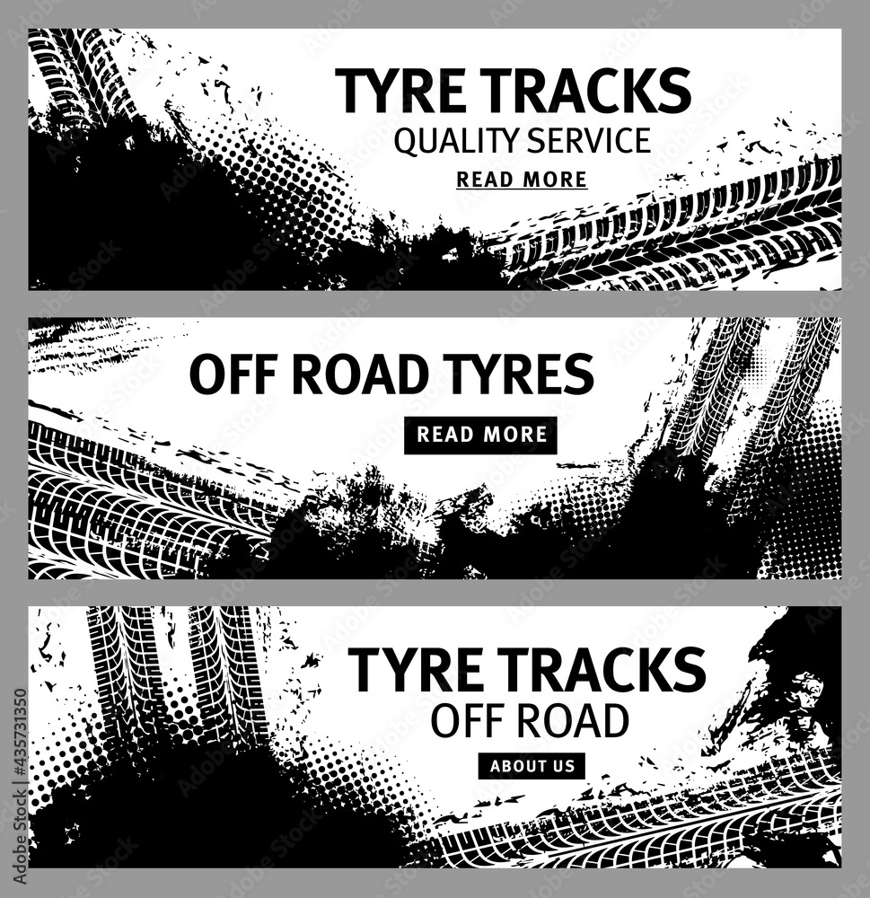 Grunge banners with vector tire tracks and offroad tyre prints. Mud or dirt road wheel traces of race sport car, truck or tractor, motorcycle or bike, rubber tread black marks with halftone pattern Grunge banners with vector tire tracks and offroad tyre prints. Mud or dirt road wheel traces of race sport car, truck or tractor, motorcycle or bike, rubber tread black marks with halftone pattern