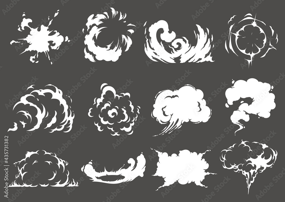 Explosion and burst clouds. Cartoon vector explosive, dynamite or mine detonation, atomic bomb, nuclear weapon strike mushroom cloud, vapor, fire smoke or dust. Comic bang, boom and puff effects Explosion and burst clouds. Cartoon vector explosive, dynamite or mine detonation, atomic bomb, nuclear weapon strike mushroom cloud, vapor, fire smoke or dust. Comic bang, boom and puff effects