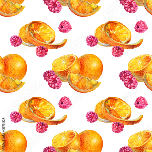 Fototapeta Naklejka Na Ścianę i Meble -  Seamless pattern watercolor summer composition citrus fruit orange slice and berries raspberry on white background. Hand-drawn sweet food object for menu, wrapping, card, wallpaper, sticker, textile