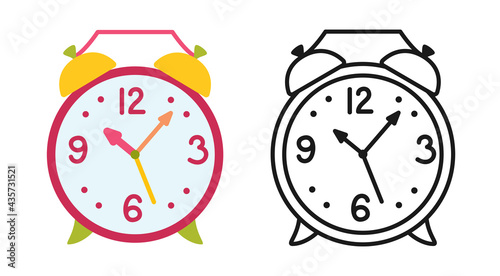 Alarm vintage flat carton icon set. Clock sign Learning school colorful collection. Alarm clock outline icon. First day school, Education concept icon kit. Wake up morning concept. Vector illustration