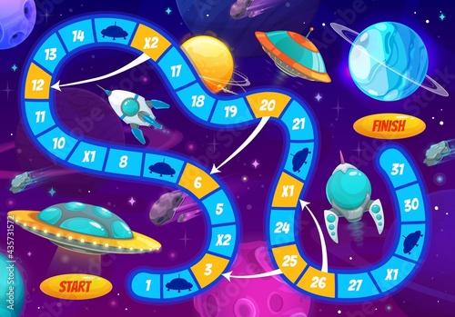 Cartoon space boardgame, galaxy discovery kids vector step board game with spaceships and planets. Children riddle with path, ufo saucers, numbers, start and finish. Task with alien ships in cosmos