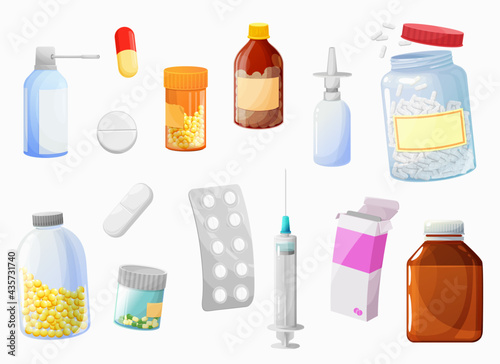Cartoon pills, drugs and medicaments vector of pharmaceutical packaging. Package, bottle, box and blister of pills and capsules and syringe, syrup jar, nose and throat spray isolated objects photo