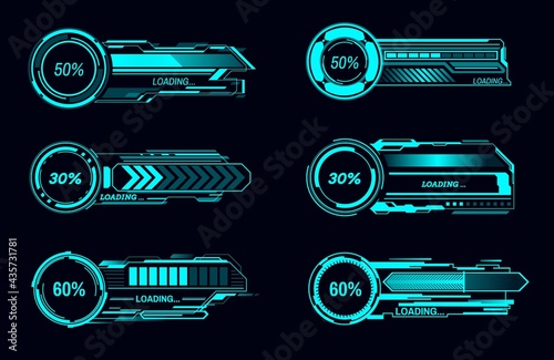 HUD futuristic vector loading bars Sci Fi game user interface technology. Digital loading progress or status bars of head up display digital interface, neon indicators of downloading process