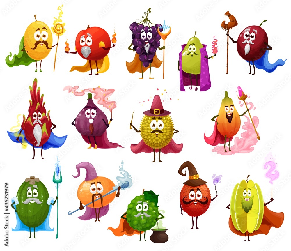 Funny fruit magician and wizard cartoon characters. Melon, grapes and plume with scepter, peach and bergamot, pear or guava with spell flame, durian, lychee and dragon fruit with magic wand