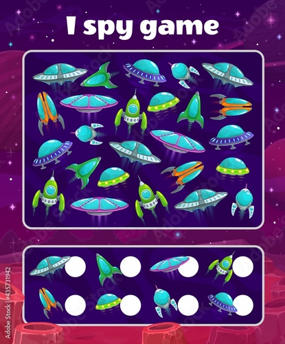 I spy game with spaceships, kids vector riddle with cartoon space ships and ufo saucers on alien planet surface with craters. How many rockets children test, educational worksheet for mind development