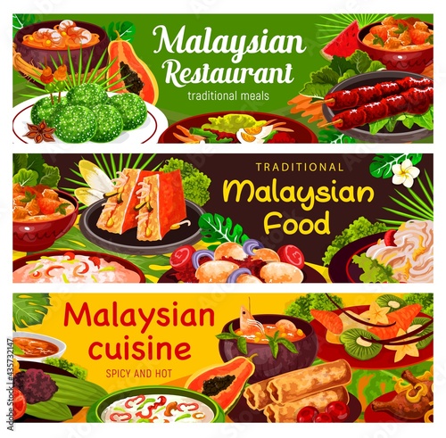 Malaysian cuisine food vector banners of vegetable, seafood and meat meal dishes. Shrimp noodle soup, rice dessert and coconut beef stew, egg curry, chicken satay, prawn spring rolls and veggie salad