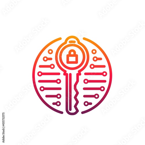 Cyber security icon padlock inside of key in microcircuit circle. Vector emblem for data protection and prevention of hacker attack. Internet safety design element isolated on white background