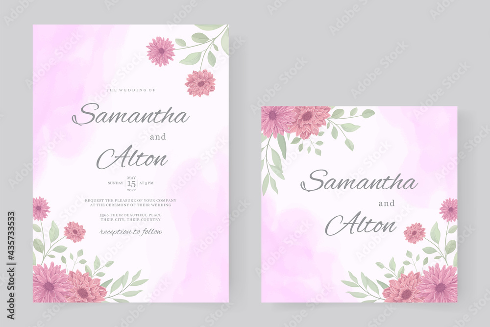 Wedding invitation design with pink chrysanthemum flower