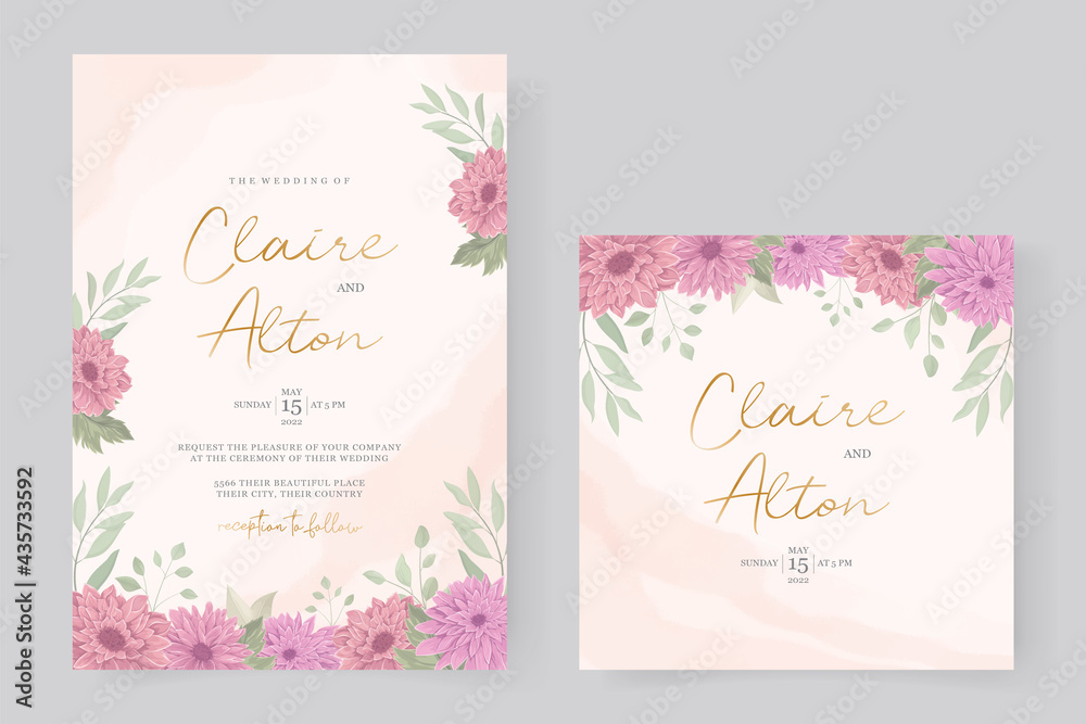 Wedding invitation design with pink chrysanthemum flower