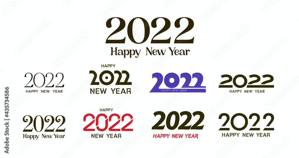 Set of 2022 Happy New Year logo text design. 2022 number design template. Collection of 2022 happy new year symbols. Vector illustration with black labels isolated on white background. Set of 2022 Happy New Year logo text design. 2022 number design template. Collection of 2022 happy new year symbols. Vector illustration with black labels isolated on white background.