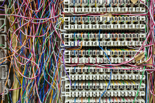 Fotografie Inside a PABX telephone booth that has a number of connecting cables in many colors in the analog system