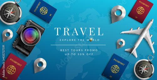Travel vector background design. Travel explore the world text in 50% off promo discount with travelling elements like passport and airplane for international tour advertisement. Vector illustration
